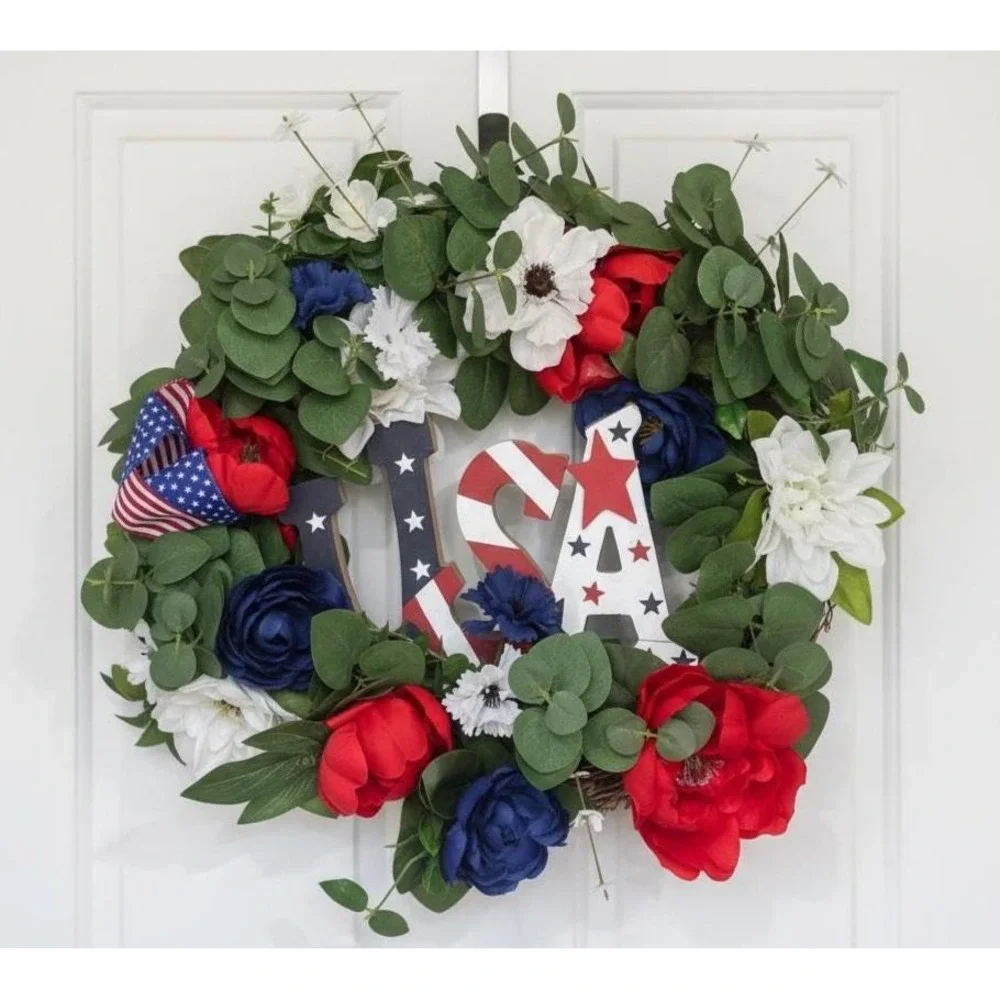 Patriotic USA Wreath, Red White Blue Floral, Veteran Memorial Day